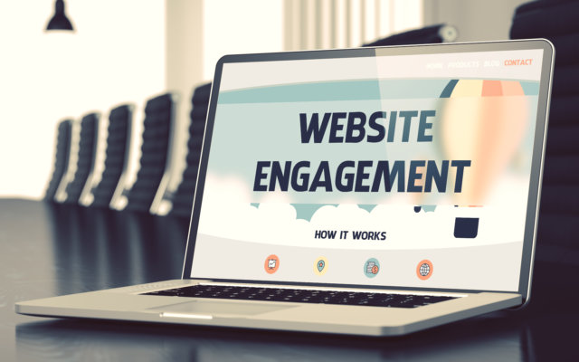Website Engagement. Closeup Landing Page on Laptop Display. Modern Meeting Room Background. Toned Image with Selective Focus. 3D Render.