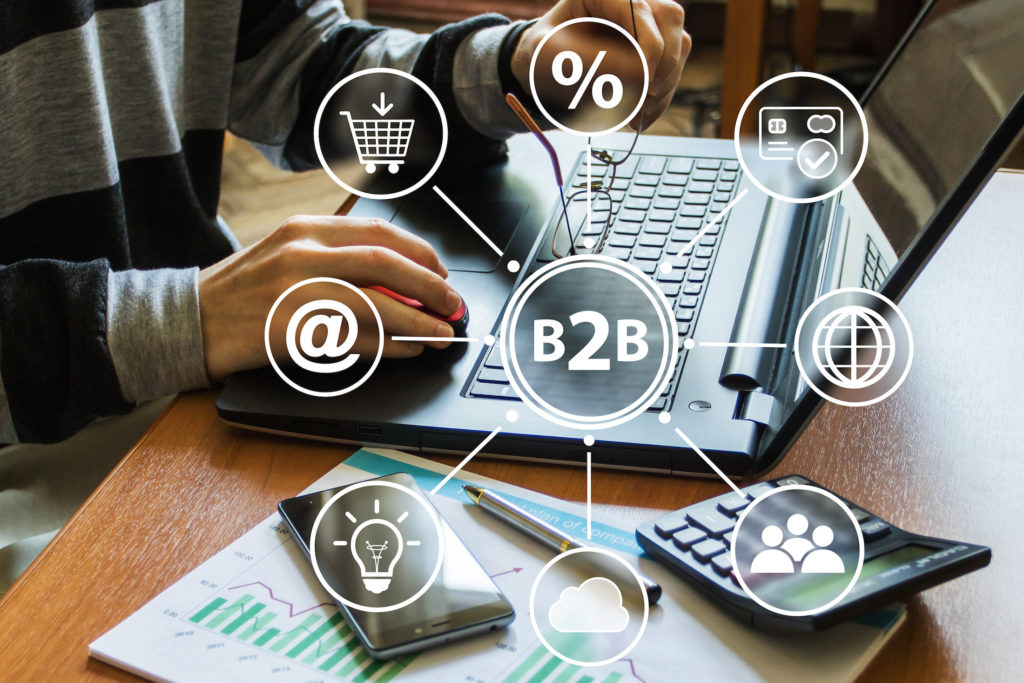 Businessman presses button b2b business-to-business icon connection network. business-to-business icon connection network