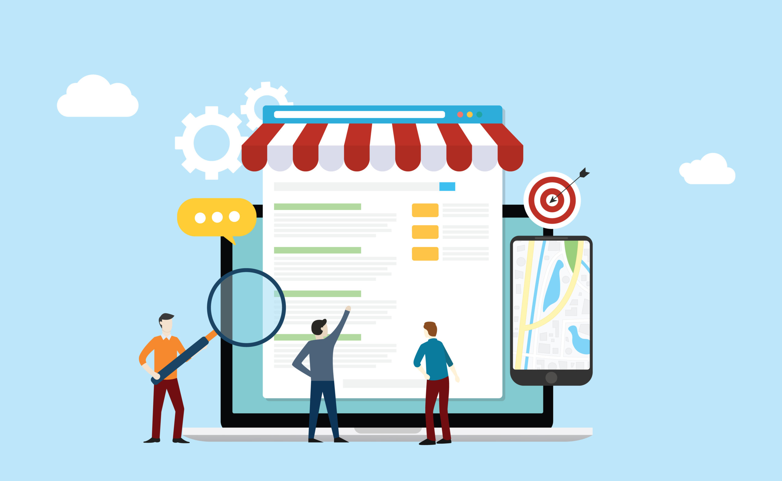 local seo market strategy business search engine optimization with team people working together on front of store and maps online – vector Local SEO