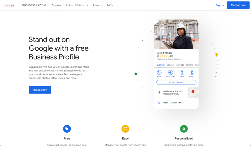 Home page of Google Business Profile 