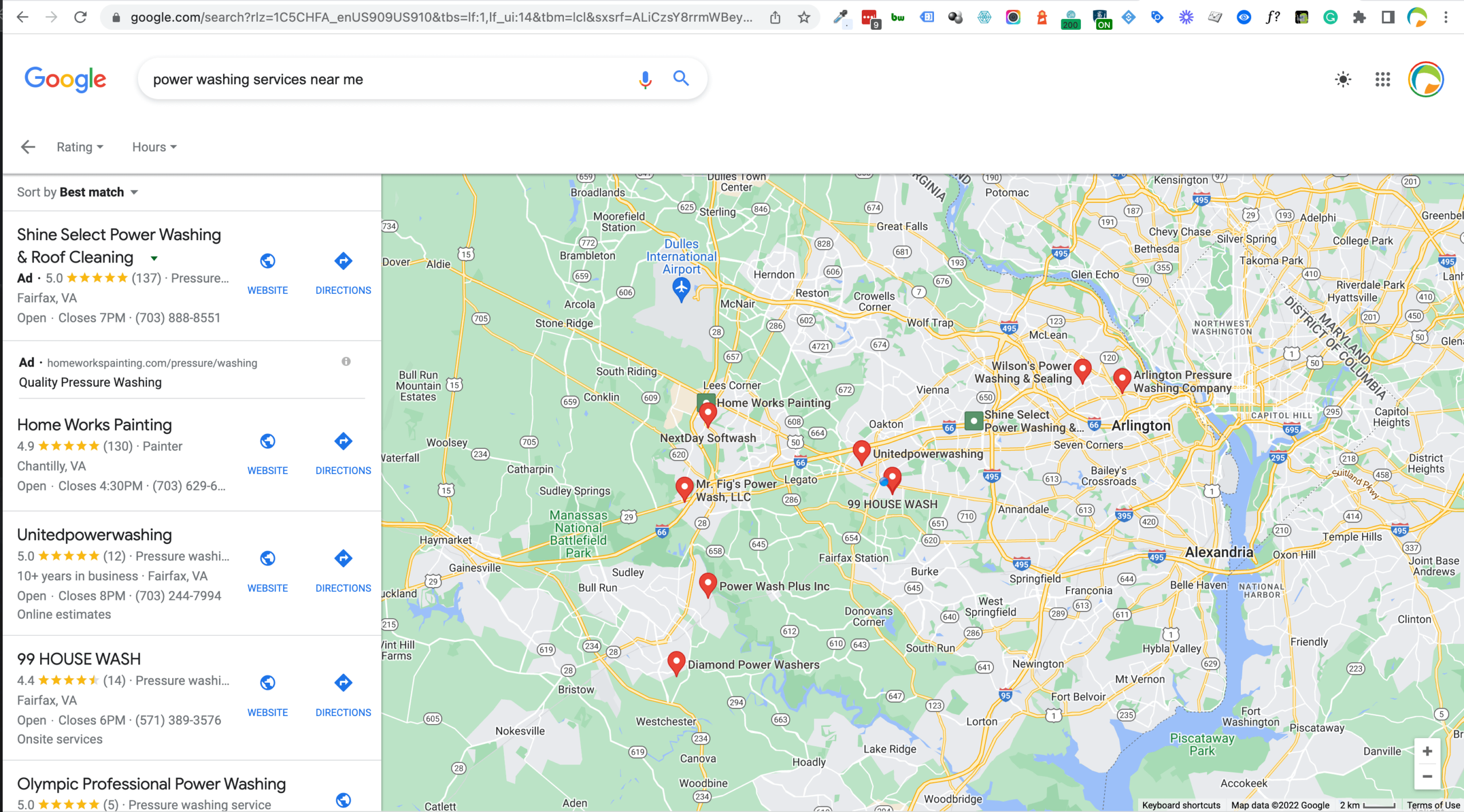 Google map result for power washing services near me