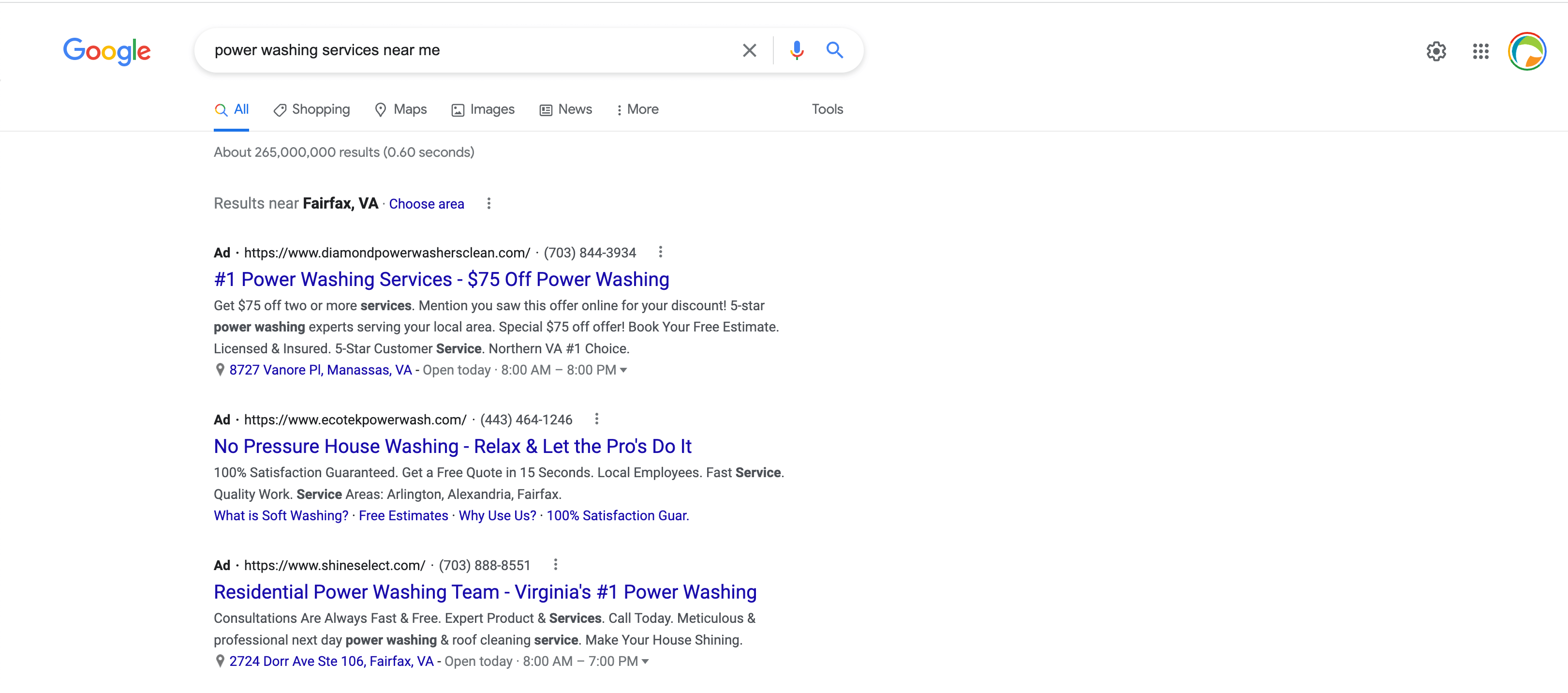 Google page result for power washing services near me