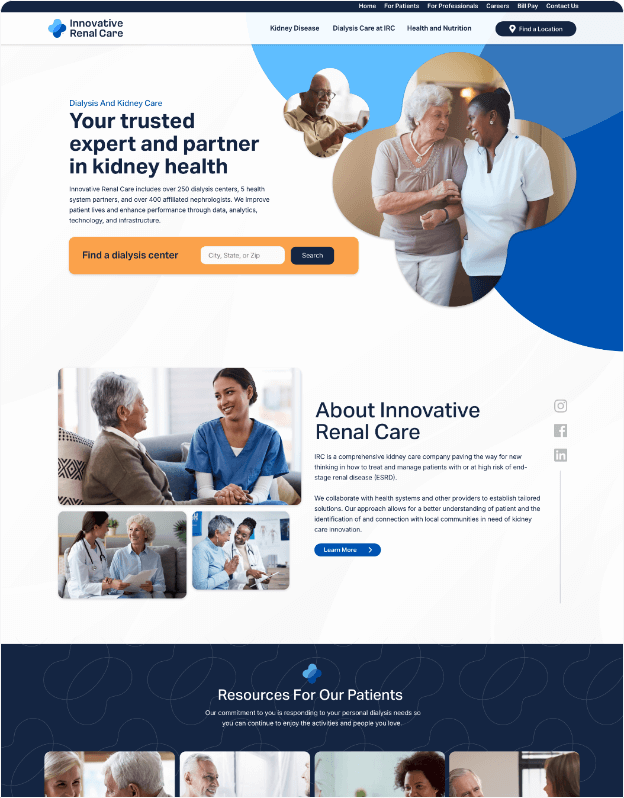 Innovative Renal Care Homepage of Innovative Renal Care featured in Nova Advertising's web design portfolio, highlighting a healthcare-focused website for kidney disease education and dialysis center search.