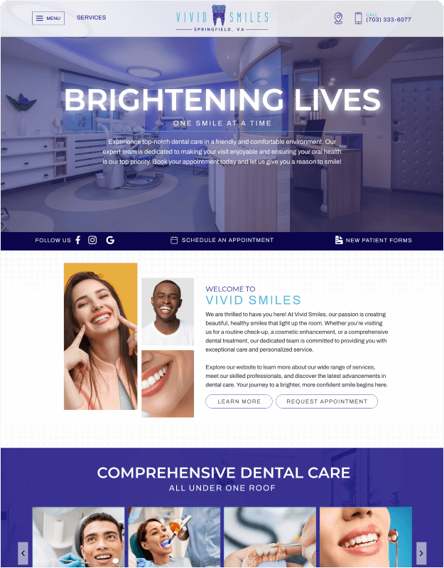 Vivid Smiles Dental Homepage design for Vivid Smiles by NOVA Advertising, showcasing a modern dental website with a bright aesthetic, patient-focused messaging, and call-to-actions for appointments and new patient forms.