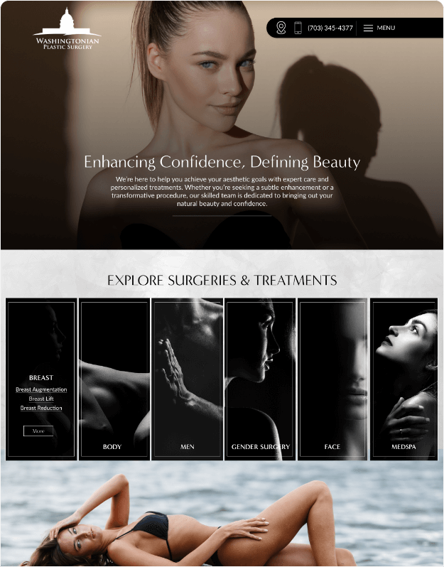Washingtonian Plastic Surgery Homepage design for Washingtonian Plastic Surgery by NOVA Advertising, featuring a modern, elegant layout with sections for treatments, transformations, patient testimonials, and a lead-generating consultation form.