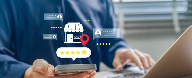 Person using smartphone and laptop to manage online reviews and local business reputation with five-star rating graphics