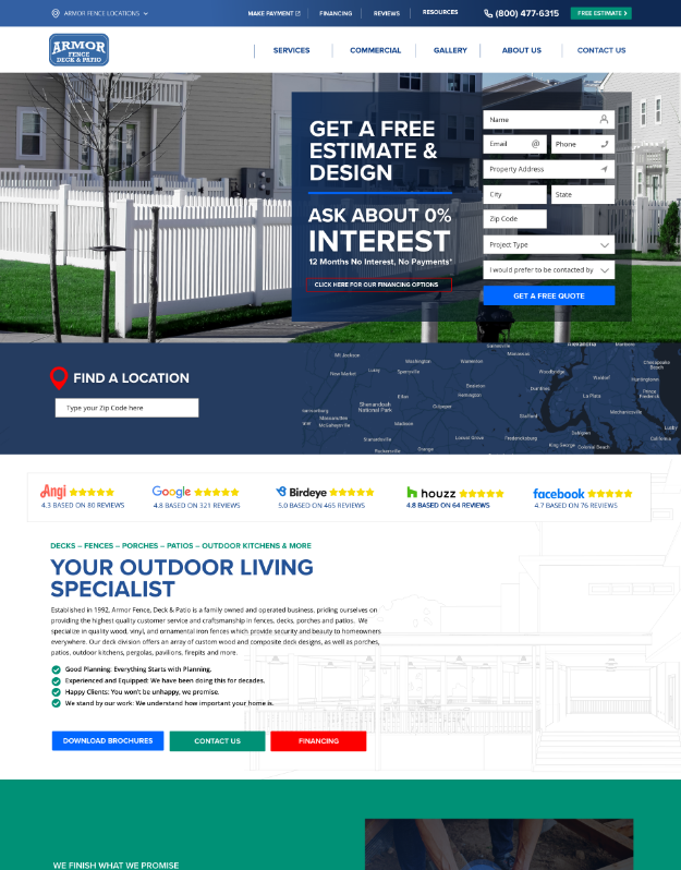 Website design for Armor Fence by NOVA Advertising, showcasing a free estimate form, interest-free financing promotion, zip code-based location finder, and review ratings from Angi, Google, Houzz, and more.