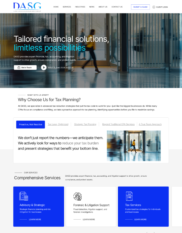 DASG Homepage of DASG featured in Nova Advertising’s web design and SEO portfolio, showcasing a professional financial services website for tax planning, accounting, and advisory solutions.