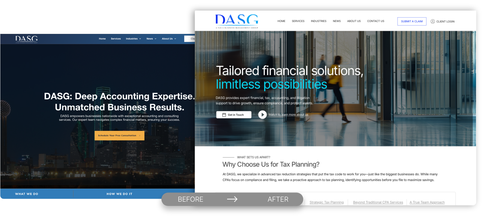 Before and after website redesign for DASG — showcasing the transformation from a dated, low-converting layout to a clean, conversion-focused digital experience crafted by NOVA Advertising. Side-by-side comparison of DASG’s old and new website designs. The "before" version features a dark-themed homepage with generic messaging, while the "after" version shows a bright, modern layout with clearer value proposition and refined service positioning.