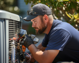 HVAC technician repairing an outdoor unit, representing digital marketing for HVAC contractors