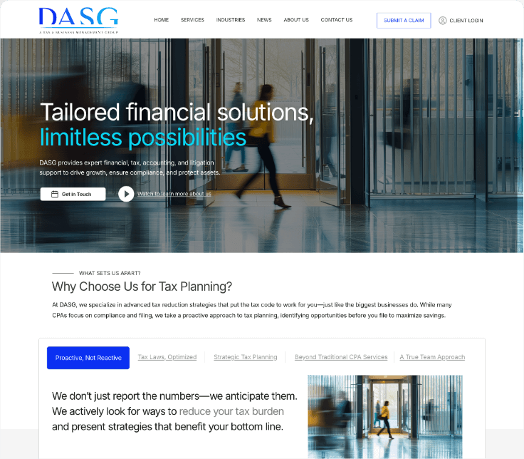 DASG Homepage of DASG featured in Nova Advertising’s web design and SEO portfolio, showcasing a professional financial services website for tax planning, accounting, and advisory solutions.