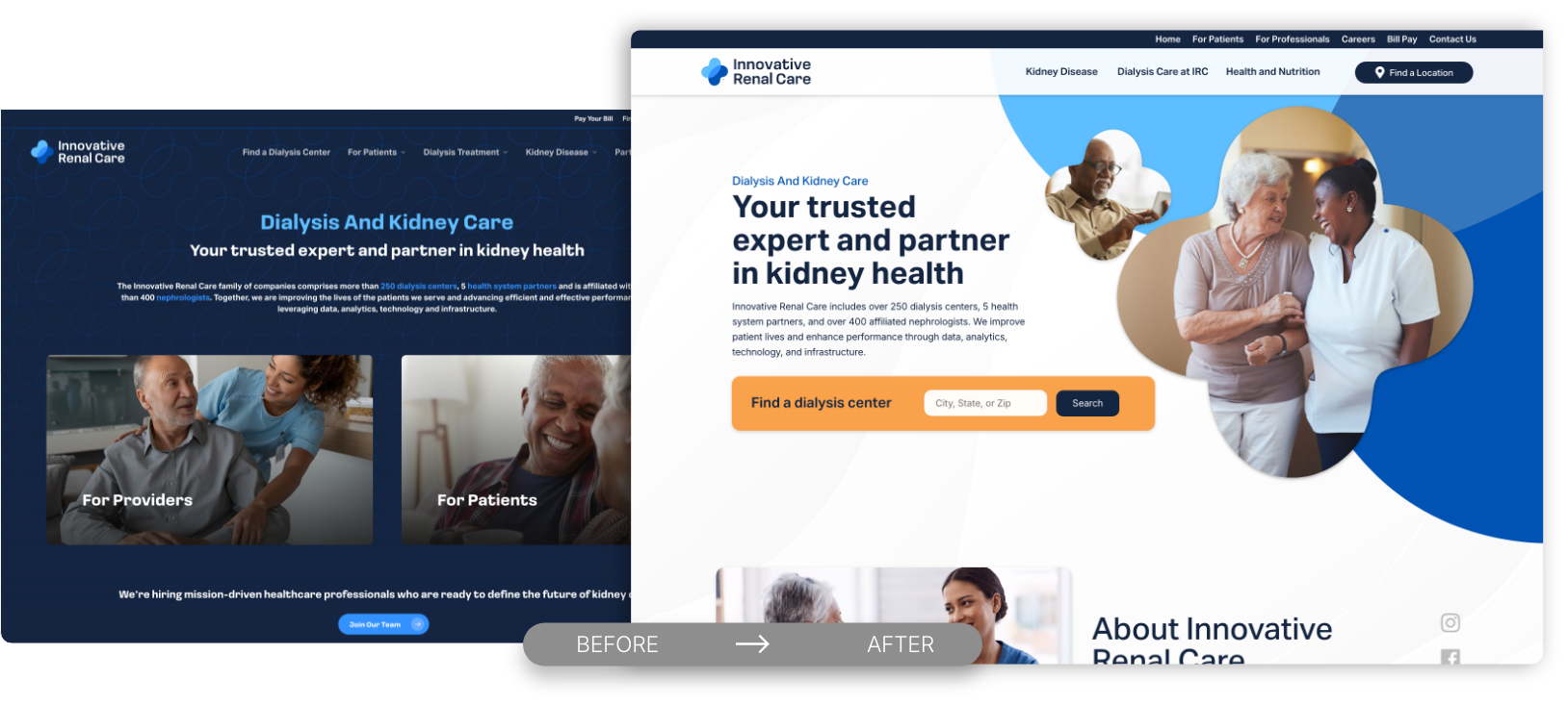 Side-by-side comparison of Innovative Renal Care's website before and after redesign. The old version featured a dark, outdated layout, while the new design is modern, patient-friendly, and features a custom location search tool.