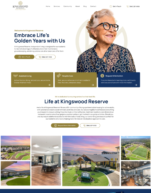 Kingswood Reserve Homepage of Kingswood Reserve featured in Nova Advertising's portfolio, highlighting custom website design and SEO for a luxury independent and assisted living community.
