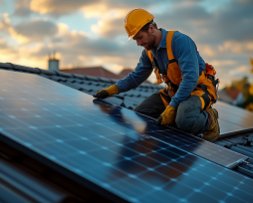 Worker in safety gear installing solar panels on a roof, showcasing solar marketing and lead generation