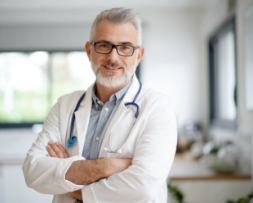 Friendly physician standing in a modern medical office, representing urgent care and walk-in clinic marketing services