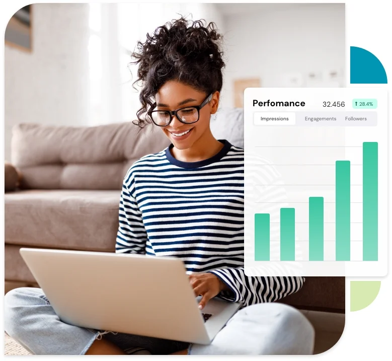 Business owner reviewing Facebook Ads performance on a laptop, with engagement analytics overlay.