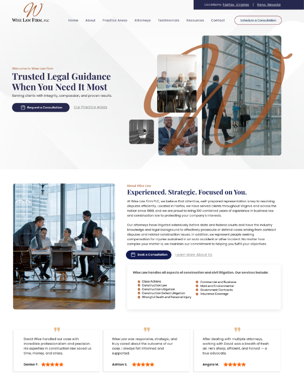 Homepage of Wise Law Firm showcased in Nova Advertising's web design portfolio, demonstrating SEO-optimized layout and branding for a construction and litigation law practice.