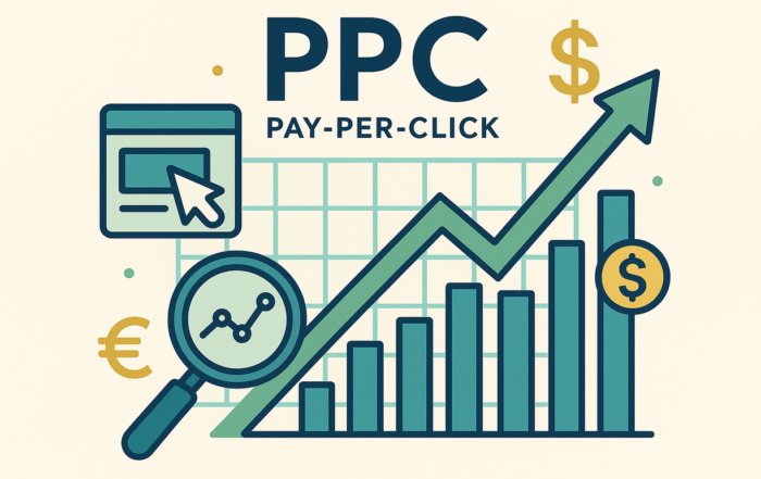 Illustration showing PPC (Pay-Per-Click) with an upward trending graph, dollar signs, and a magnifying glass over data, symbolizing maximized ROI and effective strategies.