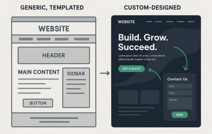 Visual comparison of a generic templated website versus a custom-designed website, highlighting how bespoke web design drives more leads and conversions.