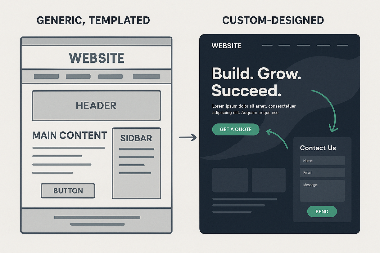 Visual comparison of a generic templated website versus a custom-designed website, highlighting how bespoke web design drives more leads and conversions.