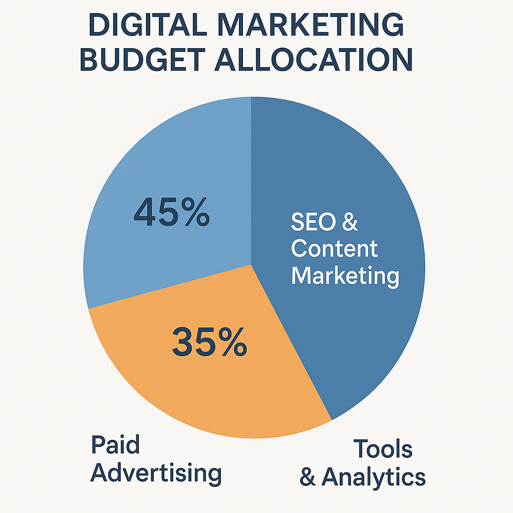 Digital marketing budget allocation pie chart showing 45% for SEO and content marketing, 35% for paid advertising, and 20% for tools and analytics