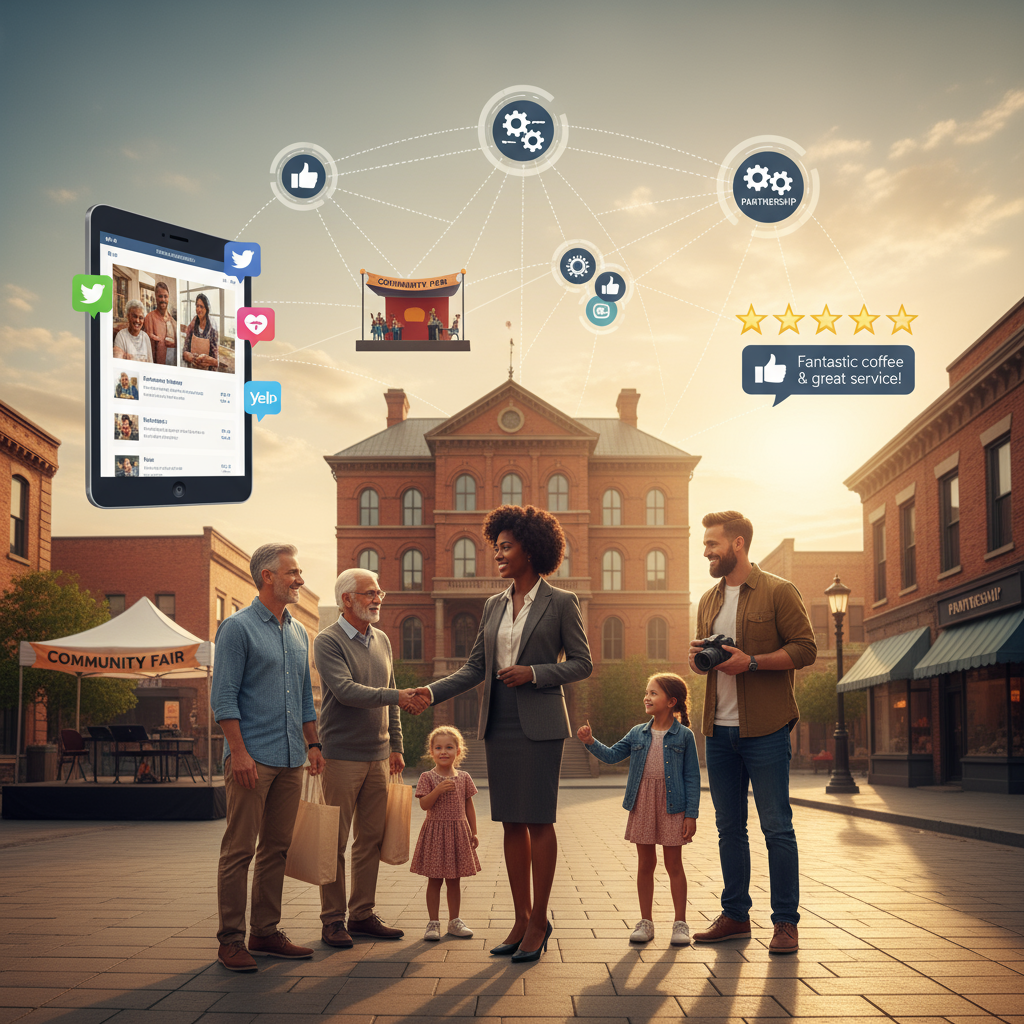 Community Engagement for Local SEO - A diverse group of people interacting with a local business owner in a friendly community setting.