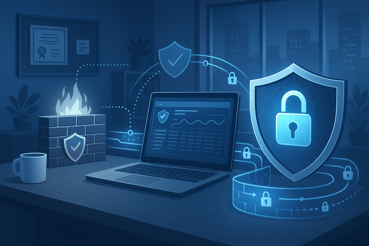 An image showing small business cybersecurity protection, with digital shields, firewalls, and encrypted data streams.