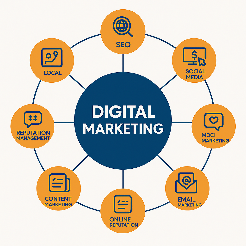 Digital marketing channels hub diagram showing SEO, PPC advertising, social media marketing, email marketing, content marketing, online reputation management, and local directory optimization