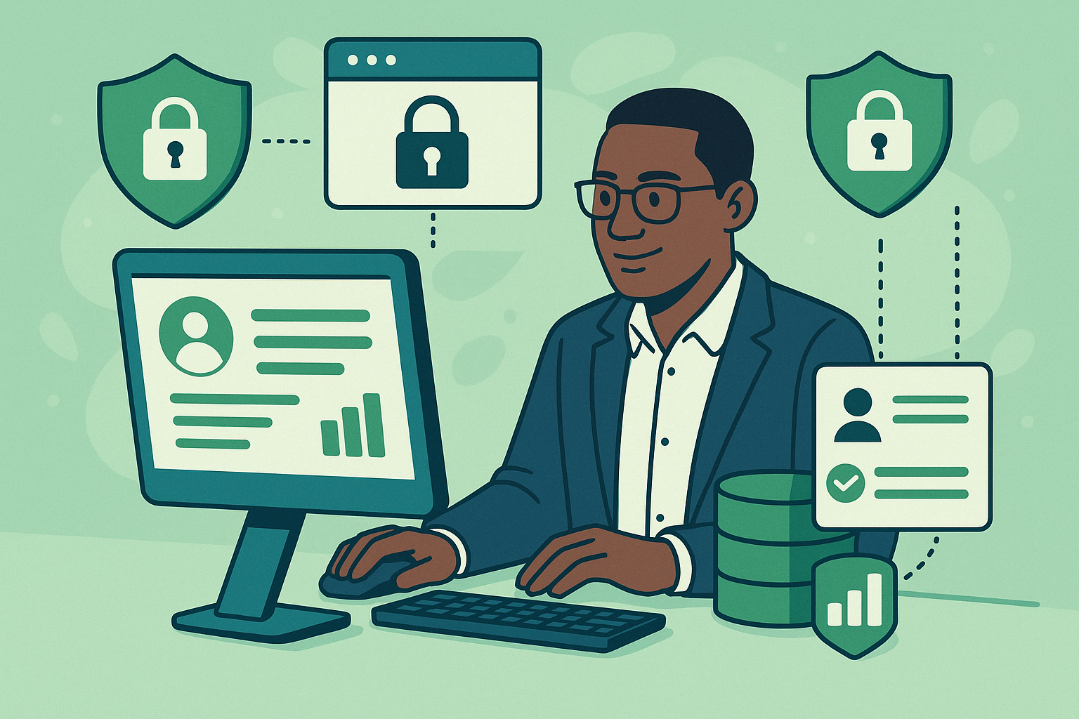 An image illustrating first-party data collection and privacy, with a business owner at a computer with security icons and data flowing into a secure database.