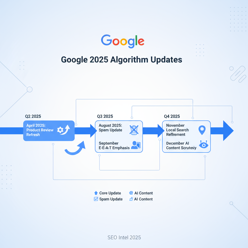 Google 2025 Algorithm Updates - An infographic showing a timeline of Google's 2025 algorithm updates, including the June Core Update and August Spam Update.
