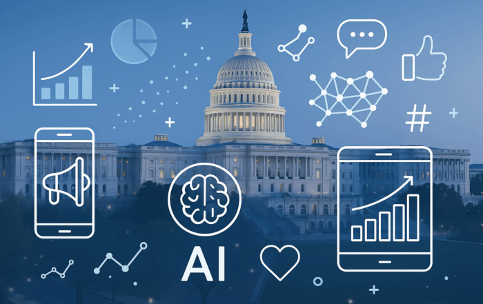 A hero image showing the Washington D.C. Capitol building with modern digital marketing icons, representing the intersection of technology and business in the district.