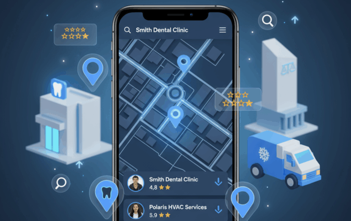 Local SEO 2025 Hero Image - A smartphone showing Google Maps with local business listings, surrounded by digital elements like location pins and star ratings.