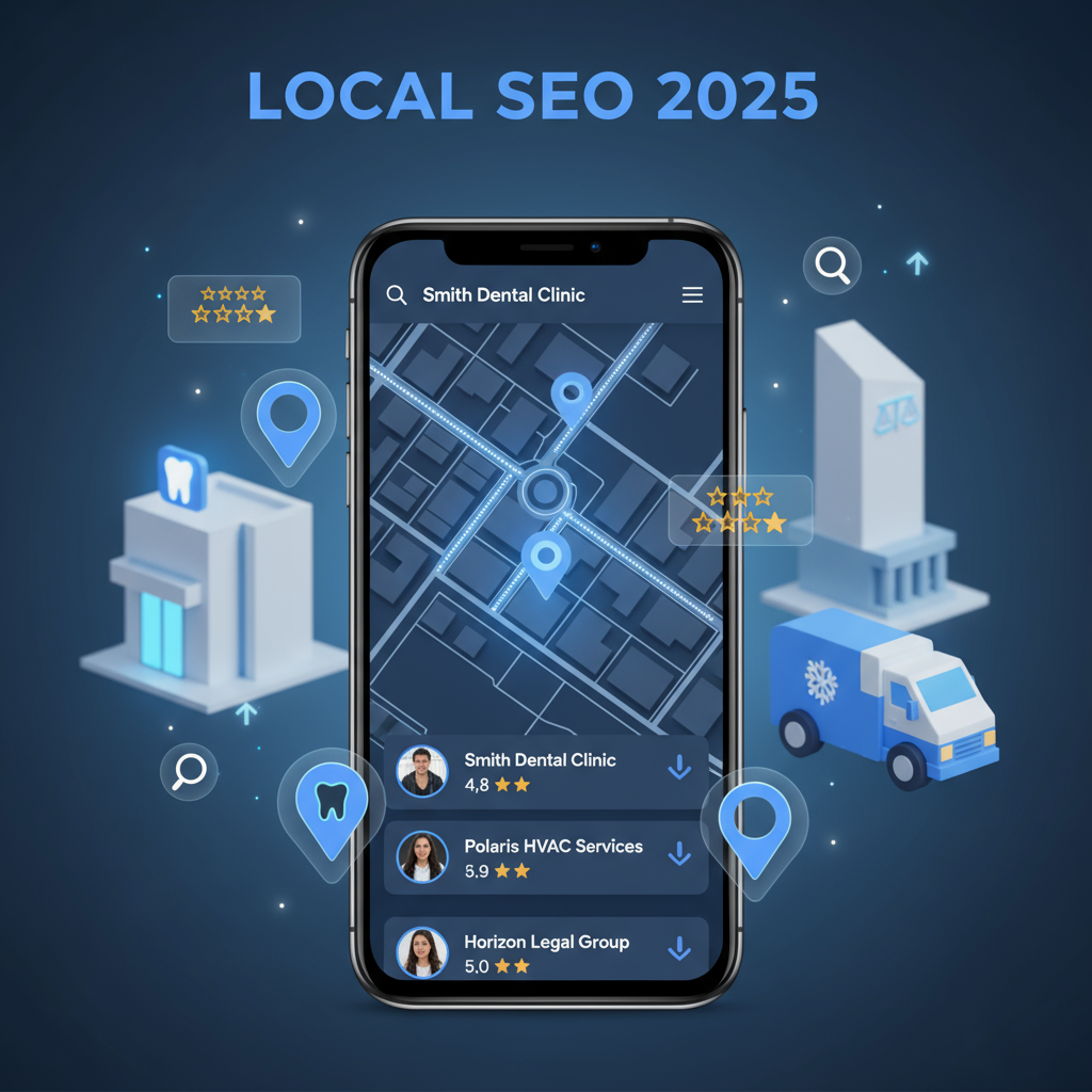 hero_image_local_seo_2025 Local SEO 2025 Hero Image - A smartphone showing Google Maps with local business listings, surrounded by digital elements like location pins and star ratings.