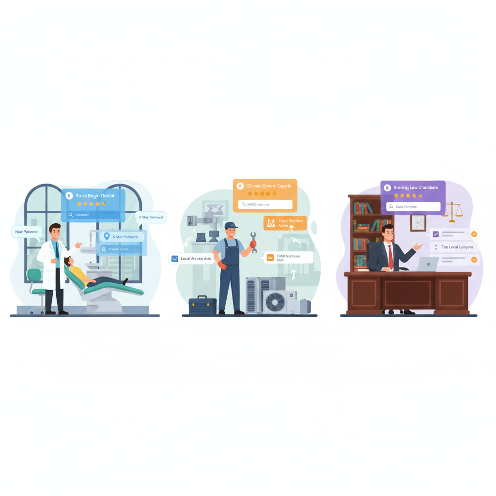 Local Business Types Adapting to SEO - An illustration showing a dentist, HVAC technician, and lawyer with digital elements like Google Business Profile and review stars.