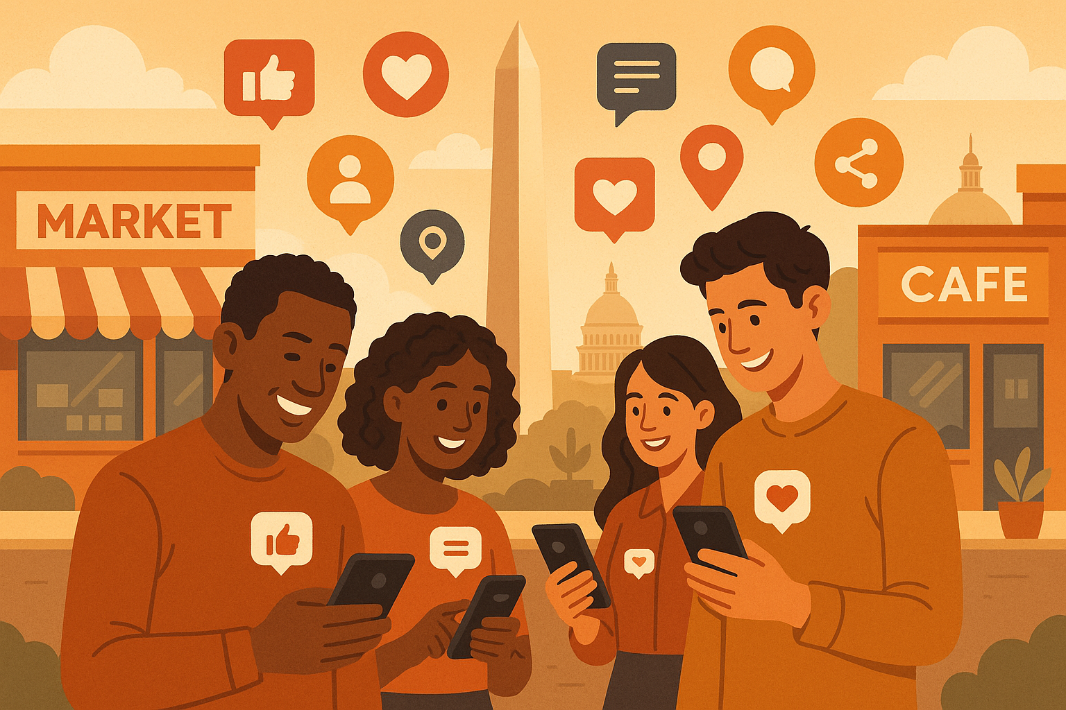 An image representing social media marketing and local community connection in Washington D.C., with diverse people using mobile devices and D.C. landmarks in the background.