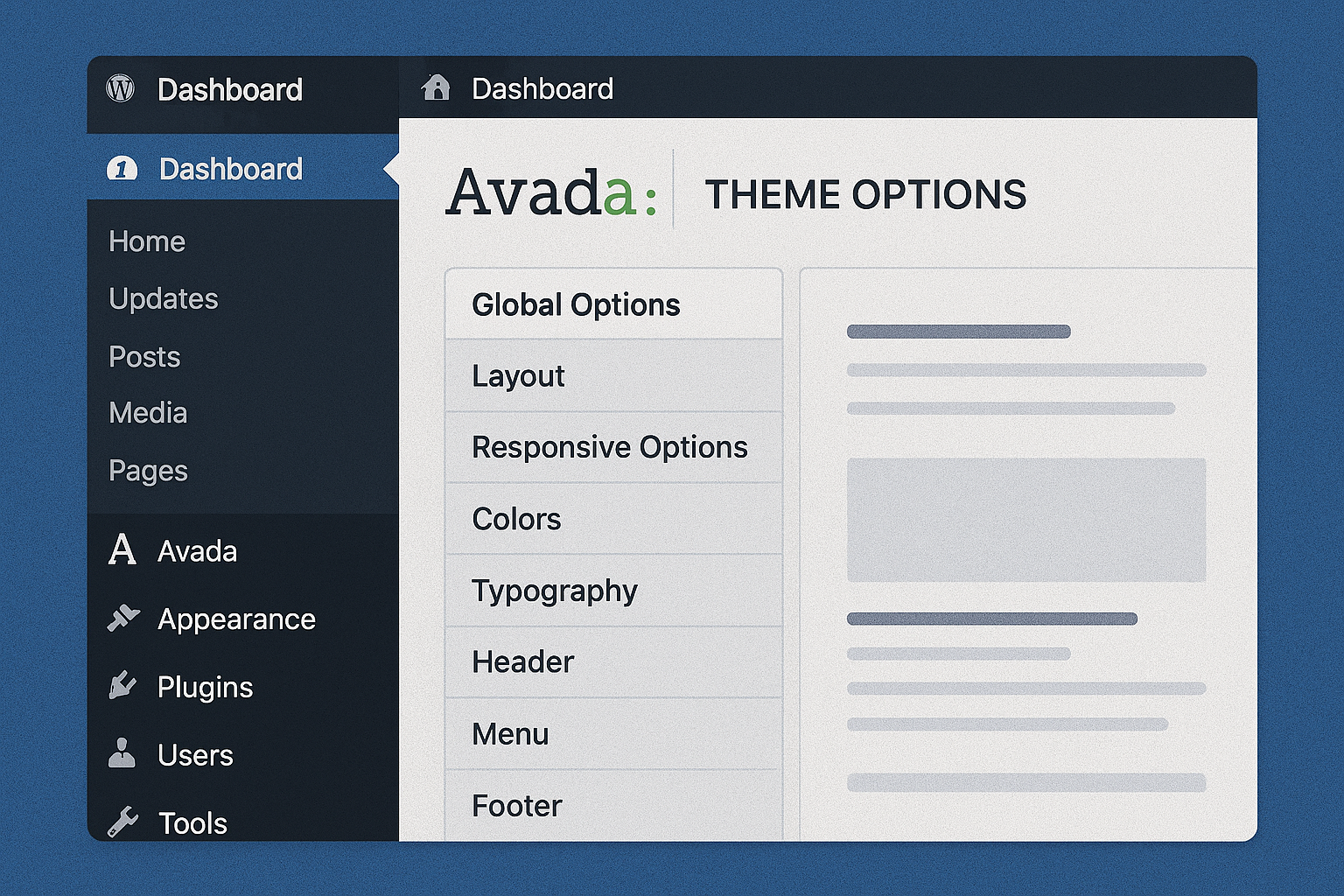 WordPress dashboard with Avada theme options