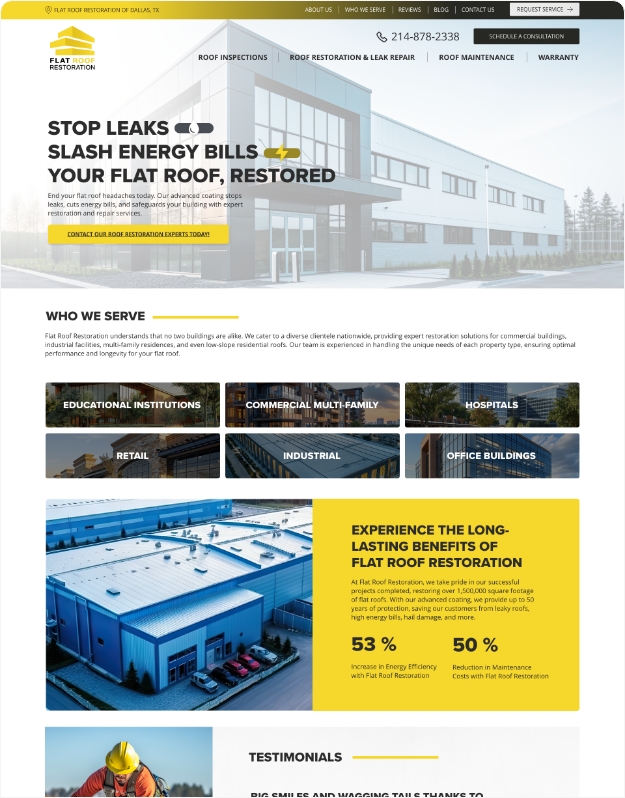 Flat Roof Restoration of Dallas TX website design by NOVA Advertising showcasing professional roof restoration, leak repair, and energy-efficient commercial roofing solutions.
