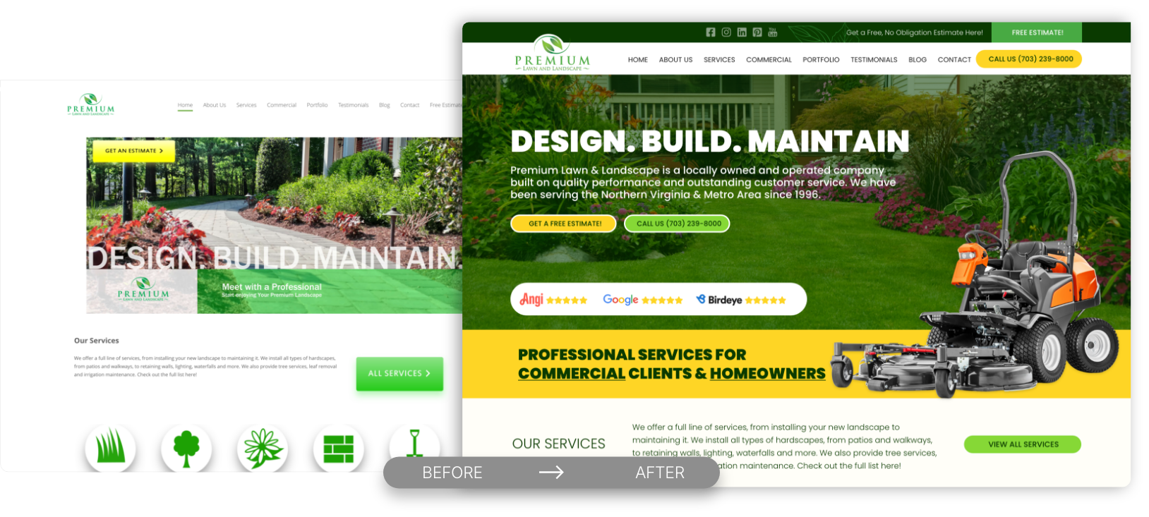 Before and after comparison of the Premium Lawn & Landscape website redesign, showing the transformation from a minimal layout with light visuals to a bold, vibrant design featuring stronger calls to action, mobile optimization, and visual project highlights.
