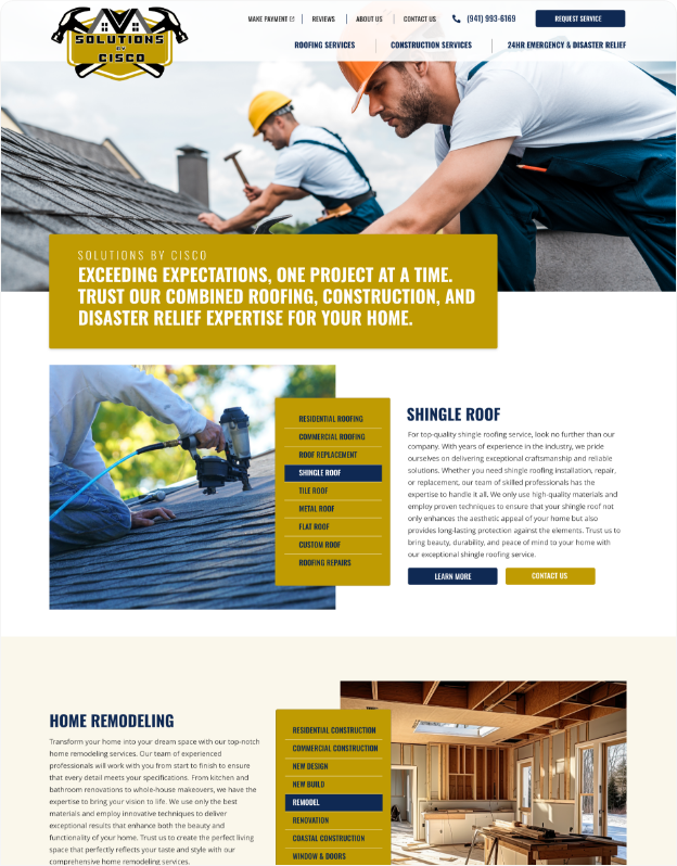 Solutions by Cisco website design by NOVA Advertising showcasing professional roofing, construction, and disaster relief services with shingle, metal, and flat roof solutions.