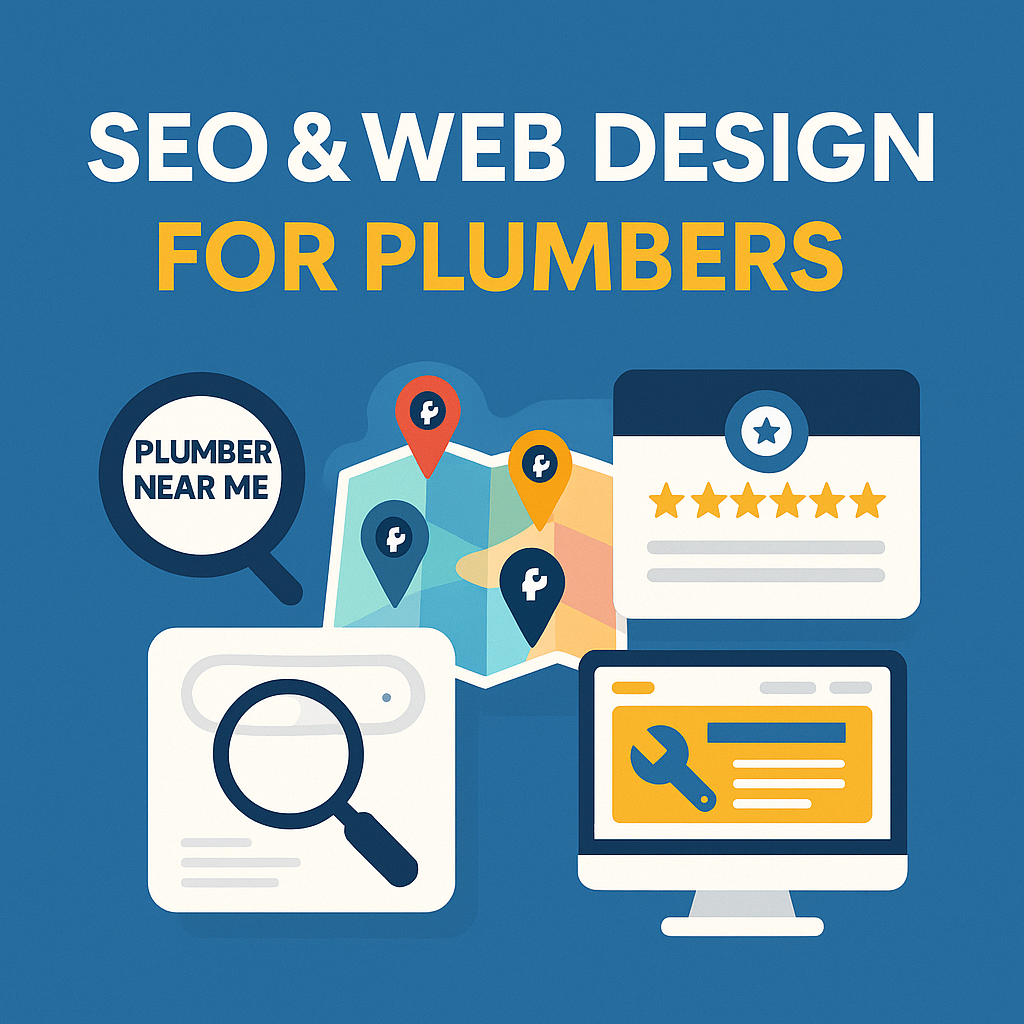 SEO 30 Illustration showing SEO, local search, maps, reviews, and web design elements representing digital marketing services for plumbers.