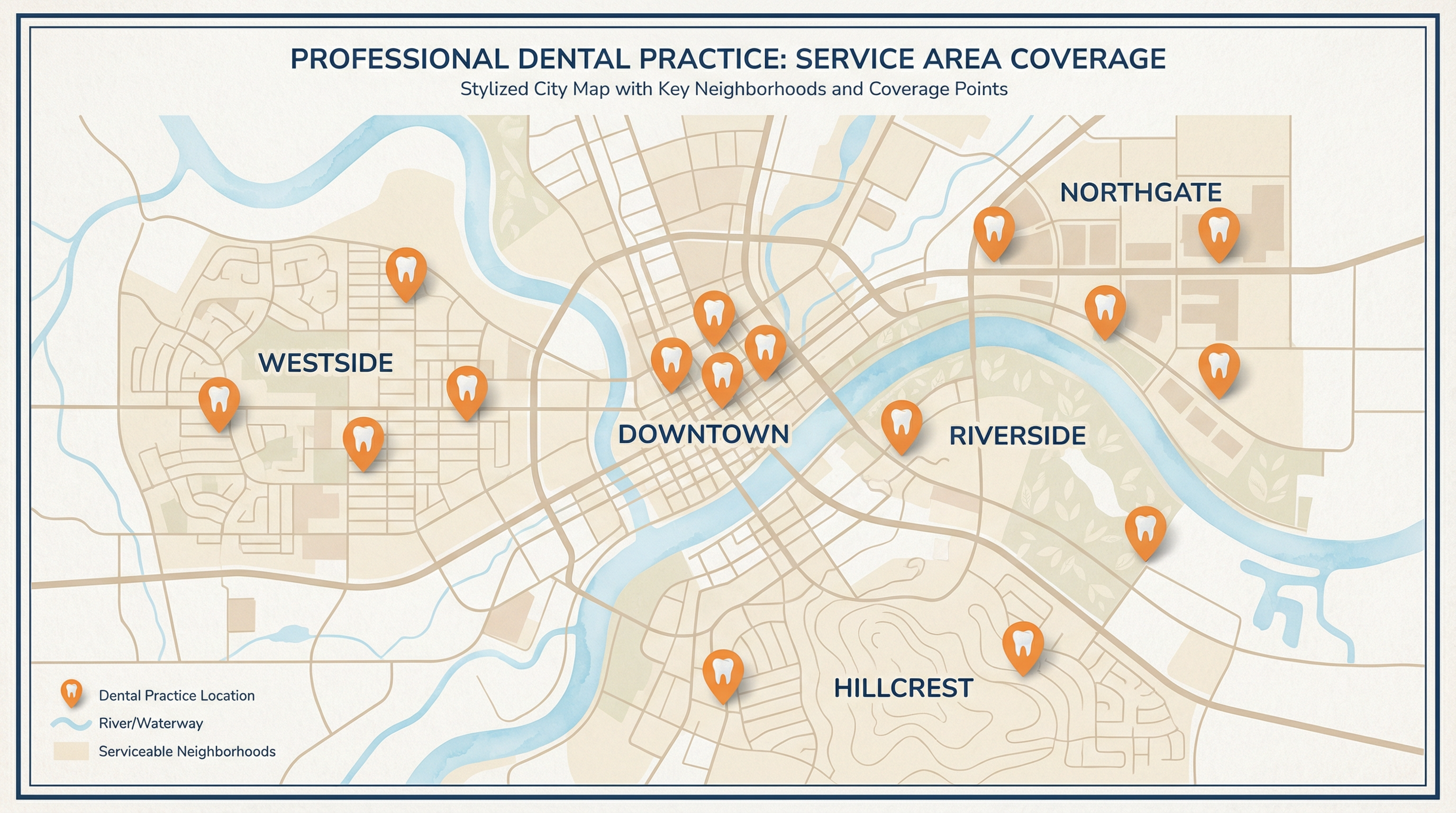 Professional dental practice service area coverage map showing multiple neighborhoods including Westside, Downtown, Riverside, Northgate, and Hillcrest with tooth icon location markers