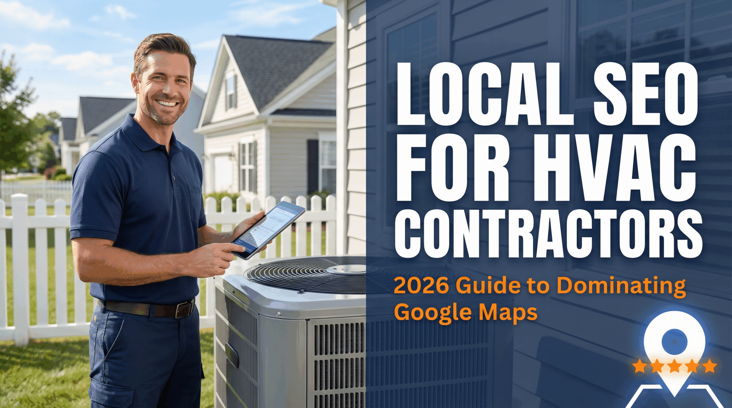 Website Design & Development 34 Professional HVAC technician with tablet standing next to modern air conditioning unit in front of suburban home - Local SEO for HVAC Contractors 2026 Guide to Dominating Google Maps