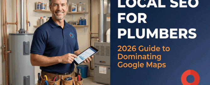 Professional plumber in navy uniform with tool belt holding tablet in utility room with water heater and copper pipes - Local SEO for Plumbers 2026 Guide to Dominating Google Maps