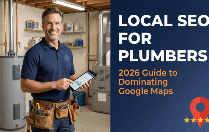 Professional plumber in navy uniform with tool belt holding tablet in utility room with water heater and copper pipes - Local SEO for Plumbers 2026 Guide to Dominating Google Maps