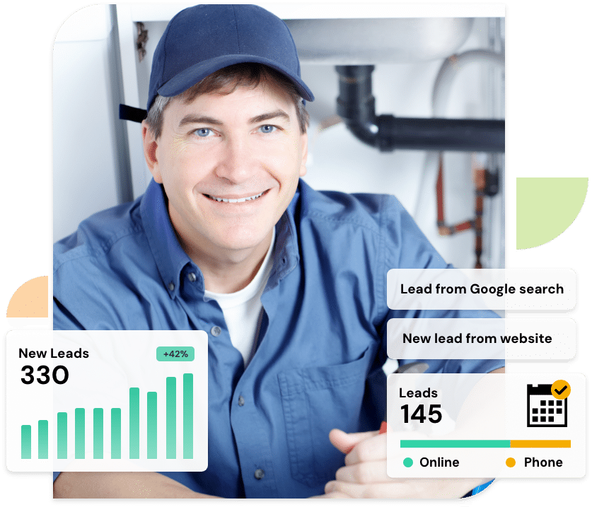 Professional plumber smiling under a sink with lead generation and online marketing metrics for plumbing websites