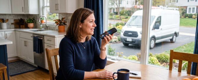 Homeowner at her kitchen table asking an AI assistant on her smartphone to recommend a local contractor, with a white service van parked in the driveway outside