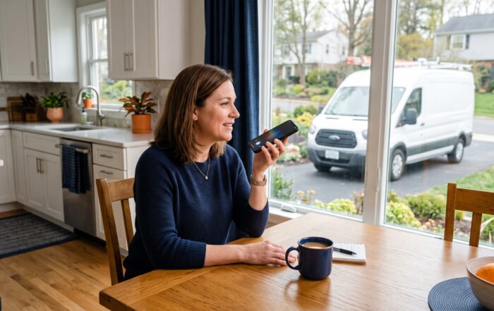 Home 17 Homeowner at her kitchen table asking an AI assistant on her smartphone to recommend a local contractor, with a white service van parked in the driveway outside