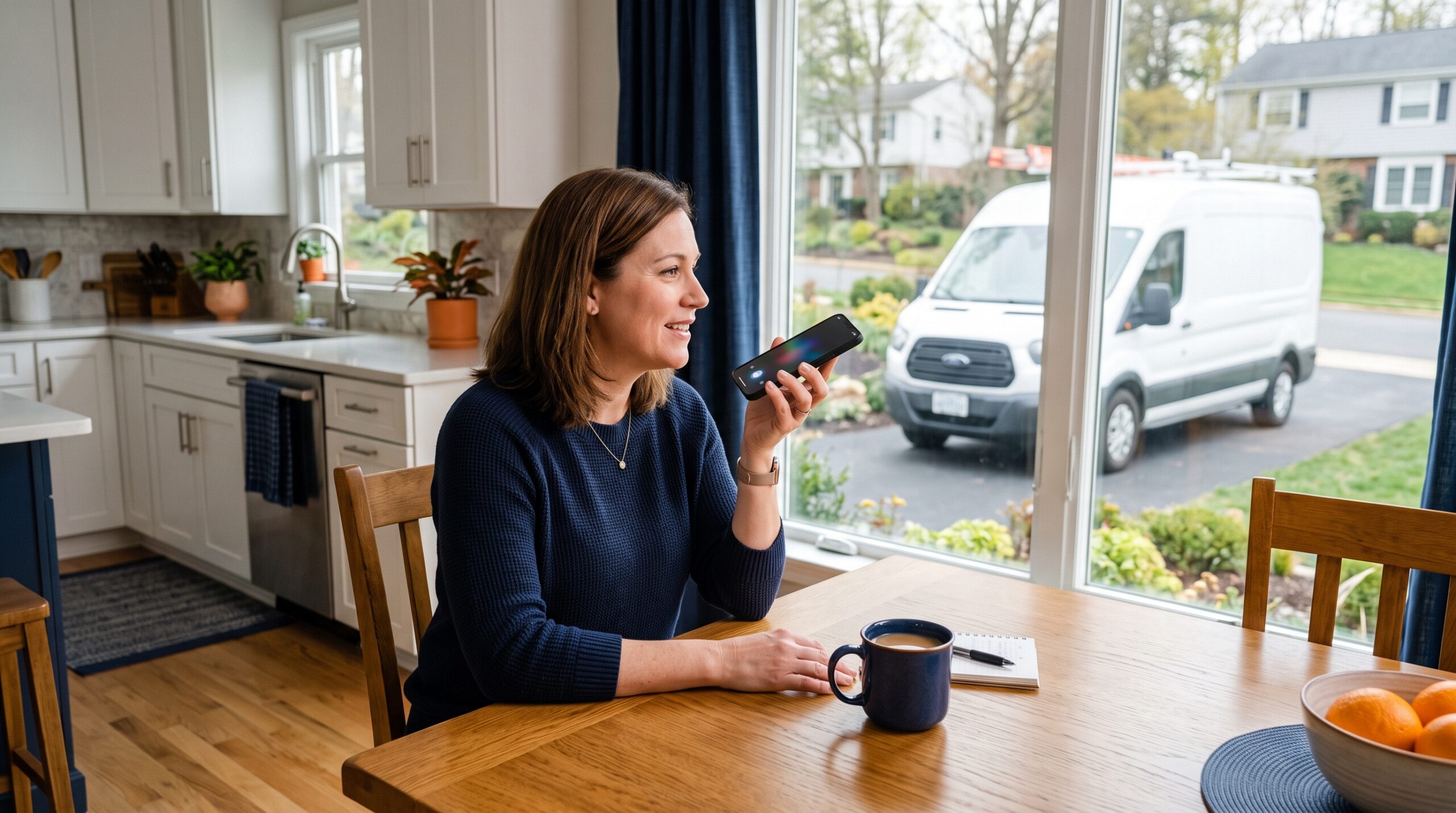 Gemini_Generated_Image_j16obdj16obdj16o Homeowner at her kitchen table asking an AI assistant on her smartphone to recommend a local contractor, with a white service van parked in the driveway outside