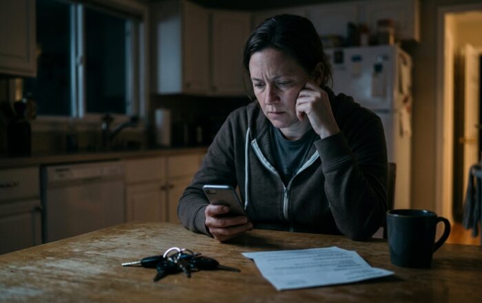 Person at a kitchen table at night typing a legal question into an AI assistant on their phone