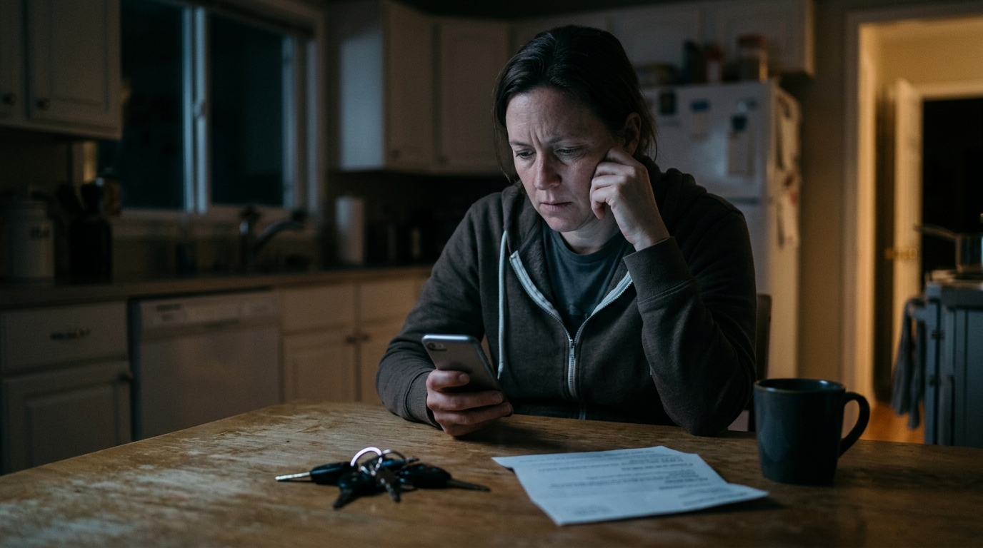 Client researching a lawyer with AI on a phone at night Person at a kitchen table at night typing a legal question into an AI assistant on their phone